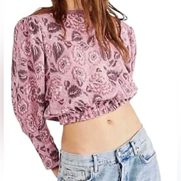 FREE PEOPLE No Ordinary Top Floral Jacquard Puff Sleeve Open Back Crop Sweater - Picture 1 of 9